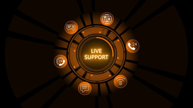 Business professional interacts with holographic 24 7 live support interface. Digital icons for phone, email, messaging, technical settings and processor automation. Round the clock helpdesk