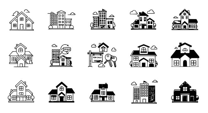 Stylized house multi series icon set vector EPS10 isolated on white