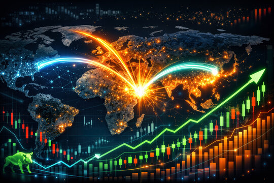 Global capital flow to Japan with glowing investment arrows from US Europe Asia converging on Tokyo financial hub Nikkei 225 record high February 2026 election impact economic breakthrough