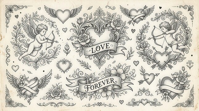 Vintage Romantic Ink Drawing of Cupid Cherubs with Hearts and Love Symbols