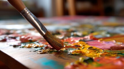 Fototapeta premium Oil Paintbrush Spreading Thick Paint Across Colorful Canvas Texture
