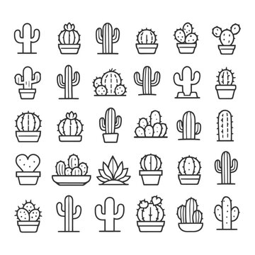 Collection of various cactus icon designs in line art style.