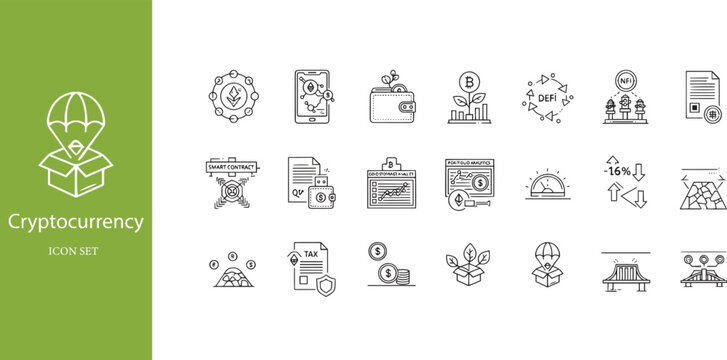 Cryptocurrency DeFi Airdrop and Digital Asset Portfolio Management Line Icon Set