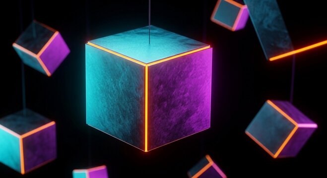 A central glowing cube with vibrant purple and blue hues surrounded by smaller cubes of similar colors in a dark space.
