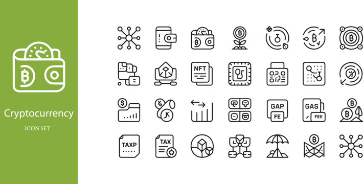 Cryptocurrency Financial Management and Digital Asset Transaction Line Icon Set