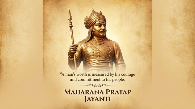 Maharana pratap statue with spear and royal attire on vintage background with inspirational quote for jayanti celebration heritage culture poster design