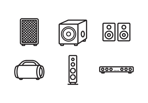 Collection of six distinct line art icons representing various audio speaker systems and sound equipment, perfect for digital media, technology, and music-related designs, showcasing versatility