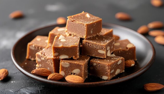 Delicious square pieces of chocolate fudge with almonds on a dark plate, a close-up studio shot