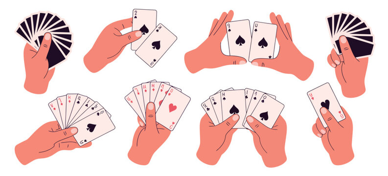 People hands playing cards vector set, cartoon flat illustrations of human arms holding card decks, shuffling, and distributing cards, perfect for poker, casino, and gambling-themed design projects.