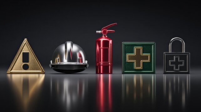 Five safety icons sit on a deep charcoal surface with spotlights above.