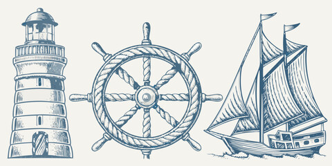Nautical elements a lighthouse ship s wheel and vintage sailing vessel © Mira