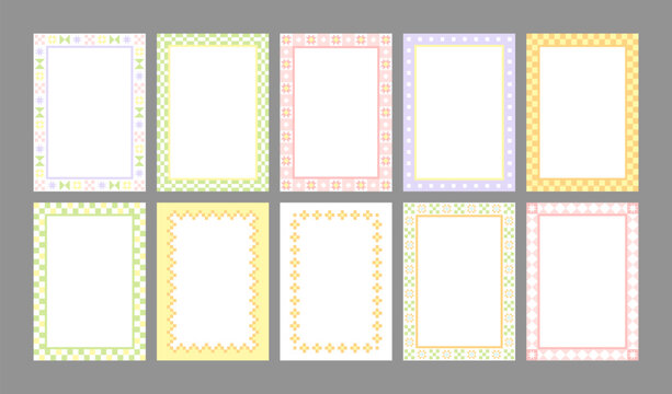 Colorful retro vector frames set. Quilt tiles, geometric shapes and checkerboard patterns. Various ornamental memo notepad designs. Decorative rectangle borders for invitations or greeting cards.