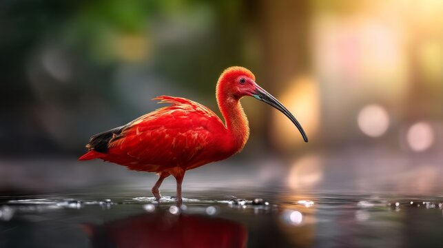 Vibrant Scarlet Ibis Standing Gracefully in Shallow Mangrove Water