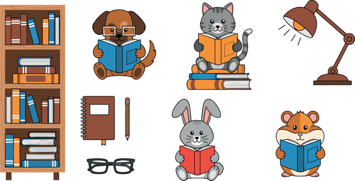 Cute animals reading books with school supplies library elements education concept illustration set including bookshelf lamp notebook glasses and characters