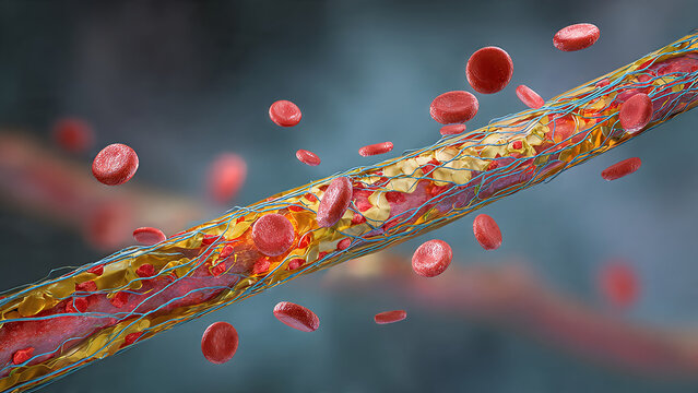 Detailed 3D render illustrating severe atherosclerosis with significant plaque buildup inside a blood vessel, impeding healthy circulation.
