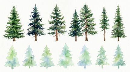 Fototapeta premium Watercolor Illustration of Conifer Trees in Different Seasons and Styles