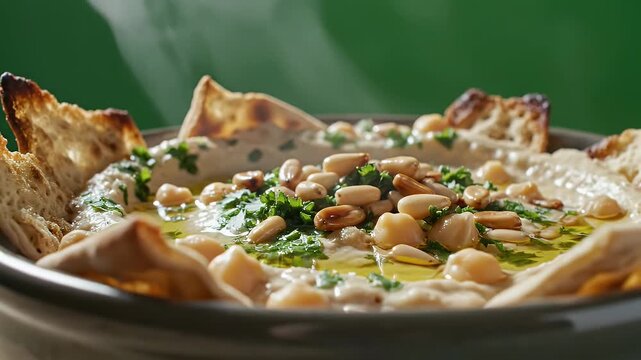 Delicious Hummus Dish With Toasted Pita Bread Topped With Pine Nuts And Parsley Garnished With Olive Oil Served In A Bowl With Steam Rising And A Vibrant Green Background