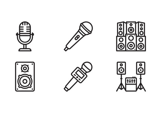 Collection of stylized line art icons representing audio equipment, including vintage microphones, modern handheld microphones, professional studio monitors, and a stack of powerful