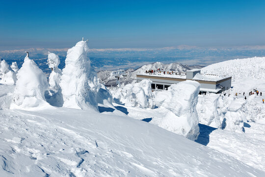 Tourists take a cable car to the ropeway station on the mountaintop, enjoying the view of Juhyo forests (ice trees, snow monsters) on a sunny winter day, in Zao ski resort in Yamagata, Tohoku, Japan