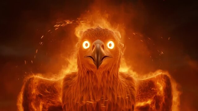 Phoenix rebirth depicted as a majestic fiery bird rising from flames with glowing eyes and intense orange and red flames illuminating a dark