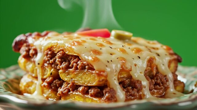 Delicious Pastelon A Puerto Rican Dish with Layers of Fried Plantains Savory Ground Beef and Melted Cheese Served Hot With Steam Rising On A Plate With Green Background