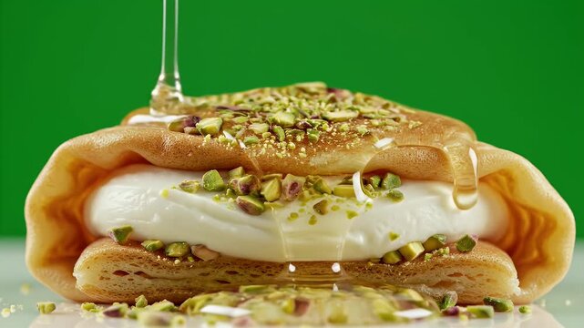Delicious Qatayef Ashta dessert with creamy filling drizzled with golden honey and chopped pistachios on a white surface with green background ultra detailed cinematic food commercial video