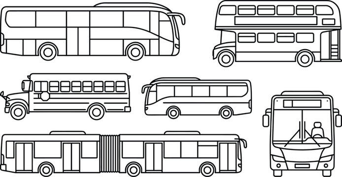 Bus icons collection featuring city coach double decker school articulated transit vehicles vector outline set for public transportation travel mobility design