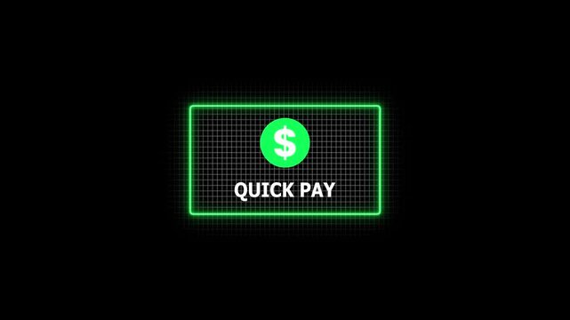 Modern digital quick pay button with glowing neon green border animated on dark background for online transactions and electronic payment systems
