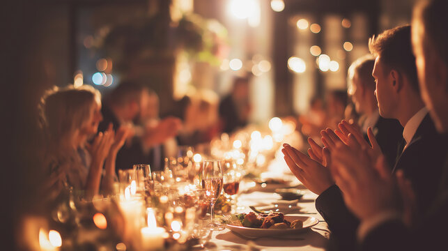 Guests applauding at an elegant dinner party, celebrating a special event with ambient candlelight and warm atmosphere