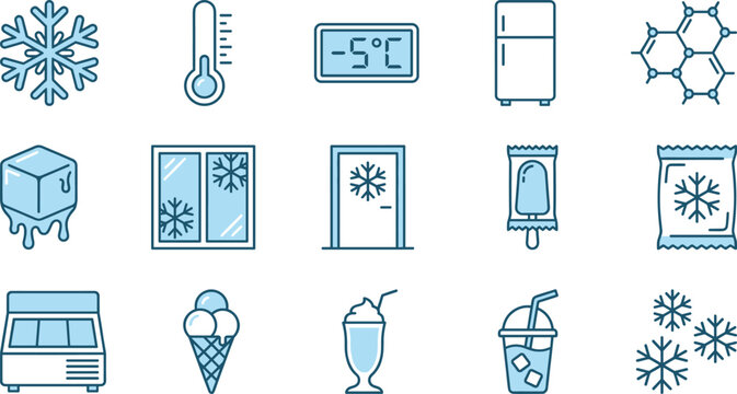Cold temperature and refrigeration line icons set with freezer, ice, cooling system, frozen food, winter symbols for climate control illustration collection vector