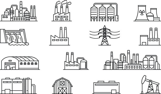 Industrial and energy line icons set with factory, power plant, refinery, electricity, oil, manufacturing symbols for industry infrastructure illustration collection vector