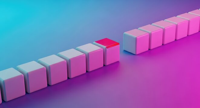 A precise line of identical white cubes displays a noticeable empty space, emphasizing absence and the missing element in the repeating sequence or pattern, interruption, flaw, deviation
