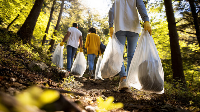 Group of volunteers cleaning forest, carrying collected trash bags along a sunlit woodland path