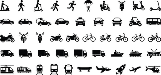 Fototapeta premium Transportation icons set featuring cars bikes trucks scooters buses airplanes ships delivery logistics mobility vector silhouettes isolated on white background collection design