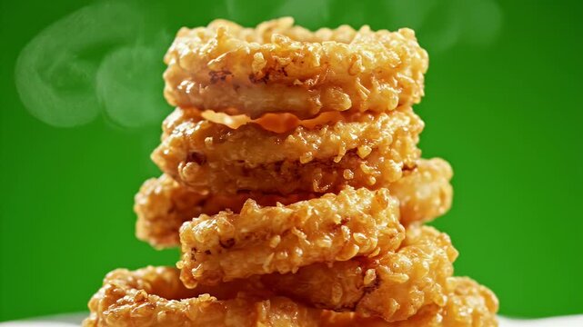 Golden Brown Crispy Fried Calamari Rings Stacked on a White Plate with a Vibrant Green Blurred Background and Steam Rising Appetizing Seafood Appetizer Food Commercial