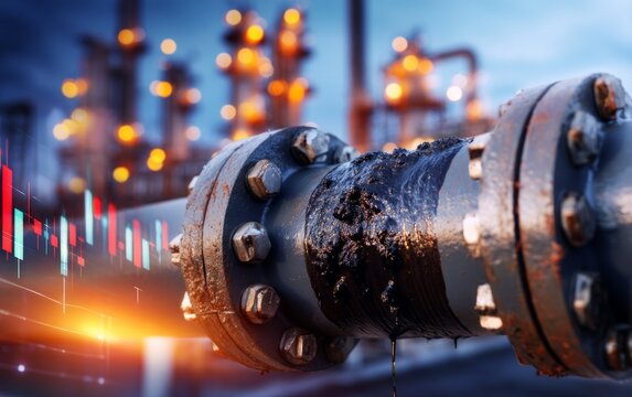 Heavy Oil Pipeline Joint with Bolts and Rust in Industrial Setting