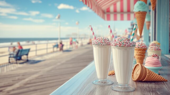Vintage Ice Cream Stand with Milkshake and Colorful Cones by the Shore
