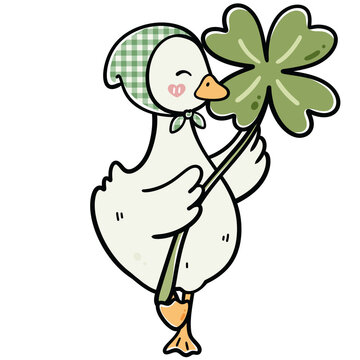Cute goose wearing a headscarf and holding a clover leaf illustration
