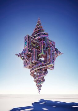 A vast, featureless plane under a gradient sky, featuring a floating, impossible architectural structure defying gravity and logic, sky, zero gravity, ethereal