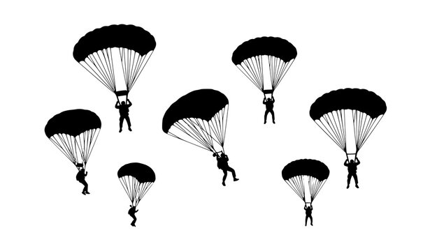 Airborne soldiers parachuting silhouette collection skydiving military vector illustration isolated on white
