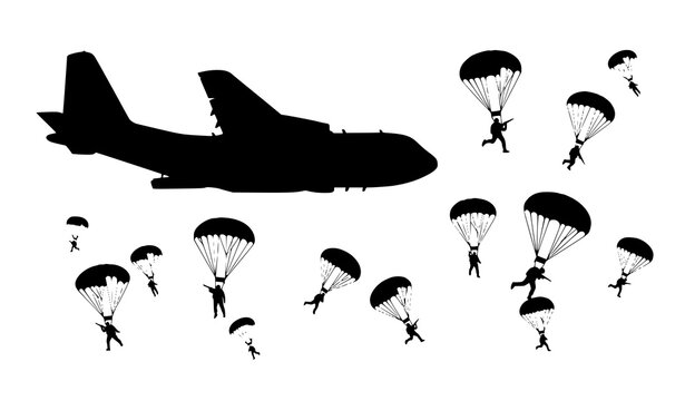 Paratroopers jumping from military aircraft silhouette vector illustration airborne soldiers with parachutes isolated on white background