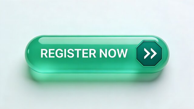 A modern, glossy green 3D rendered 'Register Now' button featuring forward arrows, perfect for an effective call to action on a website.