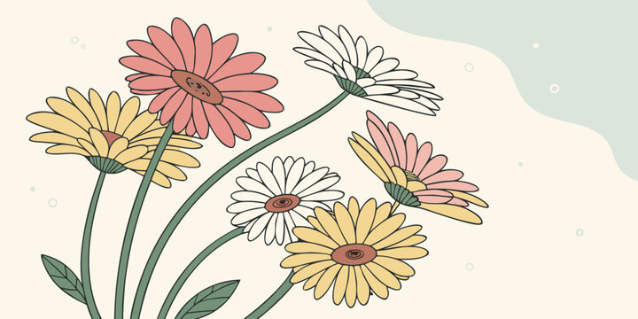 A collection of colorful daisy like flowers with simple line art