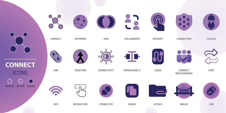 Connect icon set. Containing network, join, collaboration, connectivity, interaction, cable, integration and connection icons. Solid icon collection.
