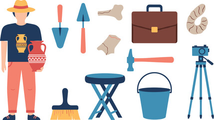 Archaeology tools and researcher character with ancient artifacts excavation equipment illustration set including brush shovel camera bucket and fossils © Lunavera art