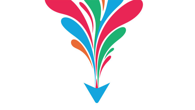Abstract colorful liquid splash shaped like a downward pointing arrow on a clean white background for information data.