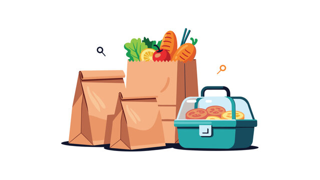 Assortment of brown paper grocery bags filled with fresh produce alongside teal lunch box containing sliced food in clean graphic style.