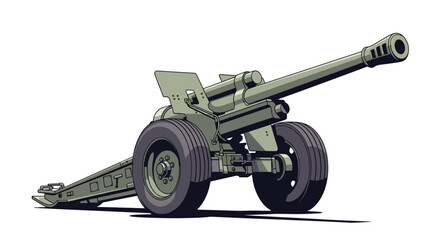 Obraz premium Large olive green military field gun or howitzer with heavy tires and a long barrel is positioned on a plain white background.