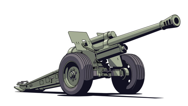 Large olive green military field gun or howitzer with heavy tires and a long barrel is positioned on a plain white background.