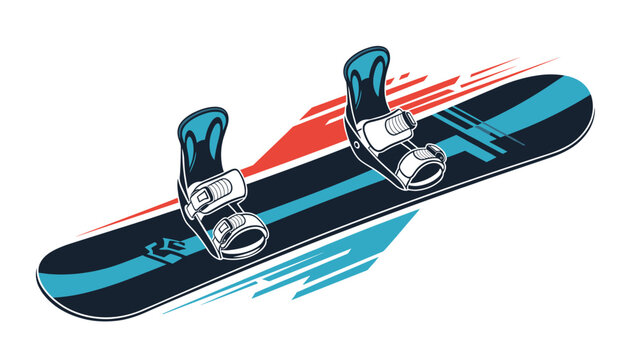 Stylish black and blue snowboard with bindings is shown at an angle with abstract red and blue graphic design elements.